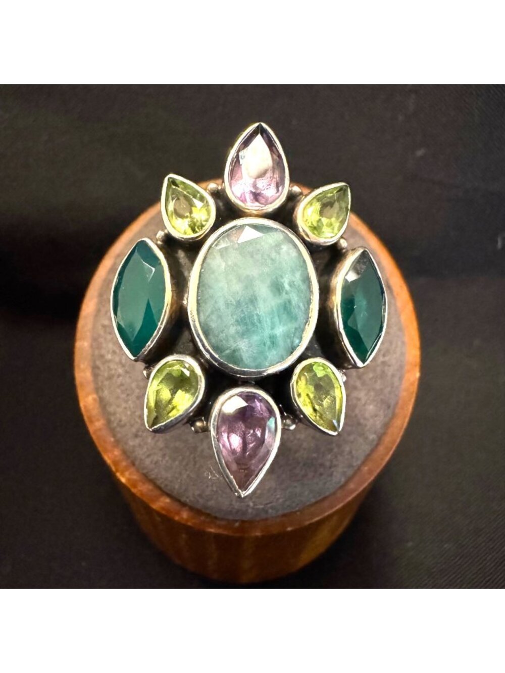 Solid Sterling Silver 925 Emerald Peridot Amethyst Statement Ring Size 8.75